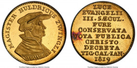 Zurich. Canton gold "Zwingli" Ducat 1819 MS65 PCGS, Zürich mint, KM-XM2, HMZ-2-1171b. Struck upon the 300th anniversary of the Reformation, this type ...