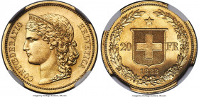 Confederation gold 20 Francs 1883 MS67 NGC, Bern mint, KM31.1. An impressive piece, this brilliant gem stands as the sole finest graded by either NGC ...