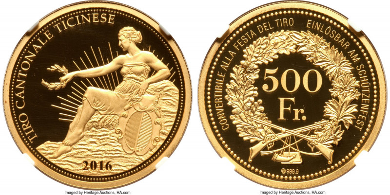 Confederation gold Proof "Ticino Shooting Festival" 500 Francs 2016 PR70 Ultra C...