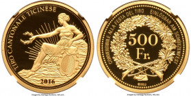 Confederation gold Proof "Ticino Shooting Festival" 500 Francs 2016 PR70 Ultra Cameo NGC, KM-X Unl., Häb-98. A faultless "shooting" issue from a minta...