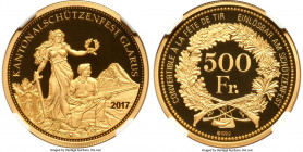 Confederation gold Proof "Glarus Shooting Festival" 500 Francs 2017 PR70 Ultra Cameo NGC, KM-X Unl., Häb-100a. A flawless representative of this popul...