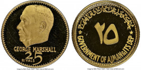 Ajman. Rashid Bin Hamad al-Naimi gold Proof "George Marshall" 25 Riyals ND (1970) PR67 Ultra Cameo NGC, KM31, Fr-9. Men of Peace series. A glossy gem....