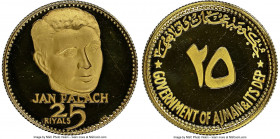 Ajman. Rashid Bin Hamad al-Naimi gold Proof "Jan Palach" 25 Riyals ND (1970) PR67 Ultra Cameo NGC, KM34, Fr-11. Men of Peace series. Glossy surfaces. ...