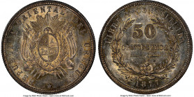 Republic 50 Centesimos 1877-A MS64 NGC, Paris mint, KM16. A highly engaging representative blessed with a wondrous watery appearance elevated by boist...