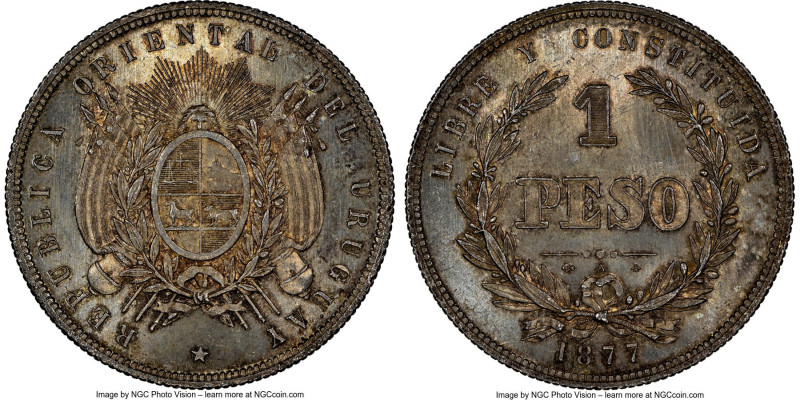 Republic Peso 1877-A MS66+ NGC, Paris mint, KM17. A stunning example of this pop...