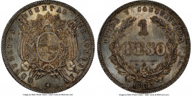 Republic Peso 1877-A MS66+ NGC, Paris mint, KM17. A stunning example of this popular one-year type, usually relegated to conditional states less than ...