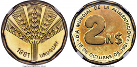Republic brass Proof "World Food Day" 2 Nuevos Pesos 1981 PR65 Cameo NGC, KM-Unl. Echoes of jade below the grain stocks are complimented by hazy amber...