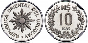 Republic Proof 10 Nuevos Pesos 1989 PR66 Ultra Cameo NGC, cf. KM93 (unlisted as pattern). A true gem offering whose Ultra Cameo designation is entirel...