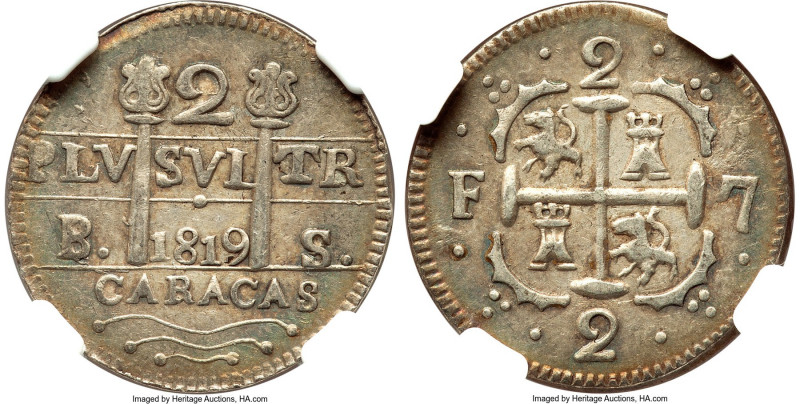 Caracas. Provincial 2 Reales 1819-BS AU58 NGC, Caracas mint, KM-C6.1. A generall...