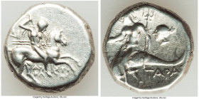 CALABRIA. Tarentum. Ca. 281-240 BC. AR stater or didrachm (18mm, 6.18 gm, 1h). Choice VF. Aristocles and Di-, magistrates. Warrior on horseback chargi...