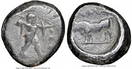 LUCANIA. Poseidonia. Ca. 470-420 BC. AR stater (19mm, 7.89 gm, 7h). NGC (photo-certificate) Choice Fine 4/5 - 2/5. ΠΟΣE, Poseidon striding right, nude...