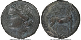 CARTHAGE. Zeugitana. Ca. 221-210 BC. AE trishekel (29mm, 12h). NGC Choice VF. Second Punic War, ca. 220-215 BC. Head of Tanit left, wreathed with grai...