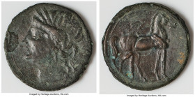 ZEUGITANA. Carthage. Ca. 221-210 BC. AE trishekel (30mm, 13.65 gm, 11h). Choice Fine, bronze disease. Second Punic War, ca. 220-215 BC. Head of Tanit ...