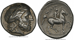 MACEDONIAN KINGDOM. Philip II (359-336 BC). AR tetradrachm (24mm, 14.19 gm, 3h). NGC Choice VF 5/5 - 2/5, scuffs. Posthumous issue of Amphipolis III, ...