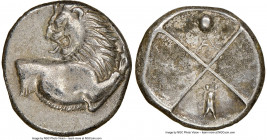 THRACE. Chersonesus. Ca. 4th century BC. AR hemidrachm (13mm). NGC AU. Persic standard, ca. 480-350 BC. Forepart of lion right, head reverted / Quadri...