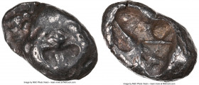 MYSIA. Parium. Ca. 500-450 BC. AR drachm (16mm). NGC VF. Gorgoneion facing with open mouth and protruding tongue / Crude disjointed incuse square with...