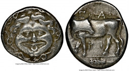 MYSIA. Parium. Ca. 4th century BC. AR hemidrachm (14mm, 3h). NGC VF. Head of Gorgoneion facing, tongue protruding below upper row of teeth, coiled sna...