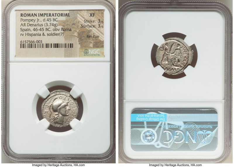 Cnaeus Pompeius Junior (46-45 BC). AR denarius (20mm, 3.74 gm, 6h). NGC XF 3/5 -...