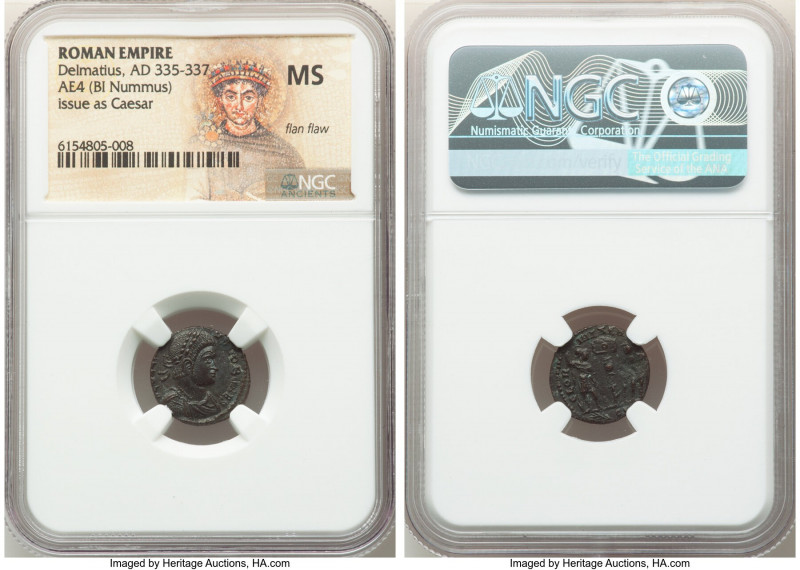 Delmatius (AD 335-337). AE 3/4 or BI nummus (15mm, 11h). NGC MS, flan flaw. Lugd...