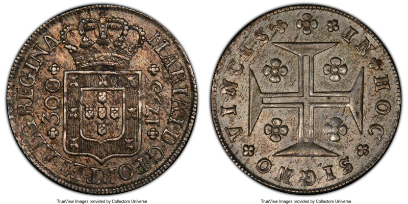 Portuguese Administration. Maria I 300 Reis 1795 AU58 PCGS, KM8, Gomes-06.02. Le...