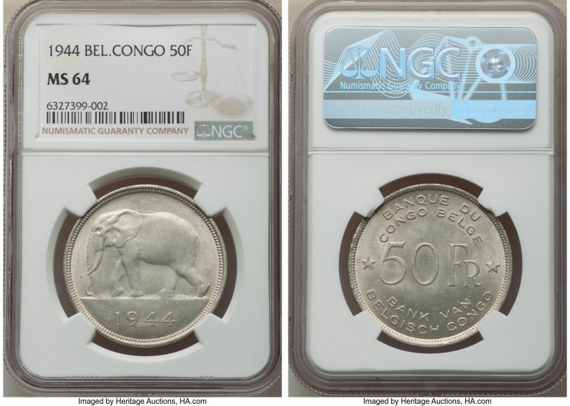 Belgian Colony 50 Francs 1944 MS64 NGC, Pretoria mint, KM27. Dressed in a pearl-...