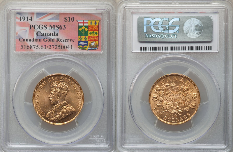 George V gold 10 Dollars 1914 MS63 PCGS, Ottawa mint, KM27. Canadian Gold Reserv...