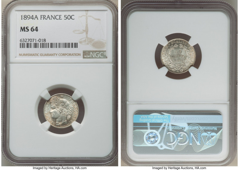 Republic Pair of Certified 50 Centimes 1894-A NGC, Paris mint, KM834.1. Includes...