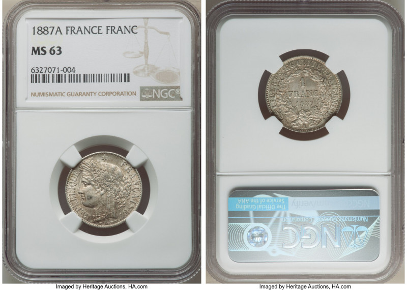 Republic 3-Piece Lot of Certified Francs 1887-A NGC, Paris mint, KM822.1. Includ...