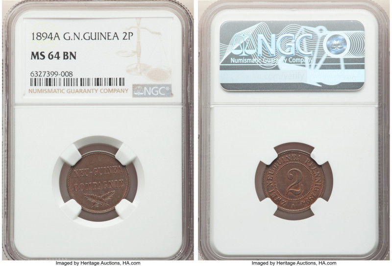 German Colony. Wilhelm II 2 Pfennig 1894-A MS64 Brown NGC, Berlin mint, KM2. Fie...