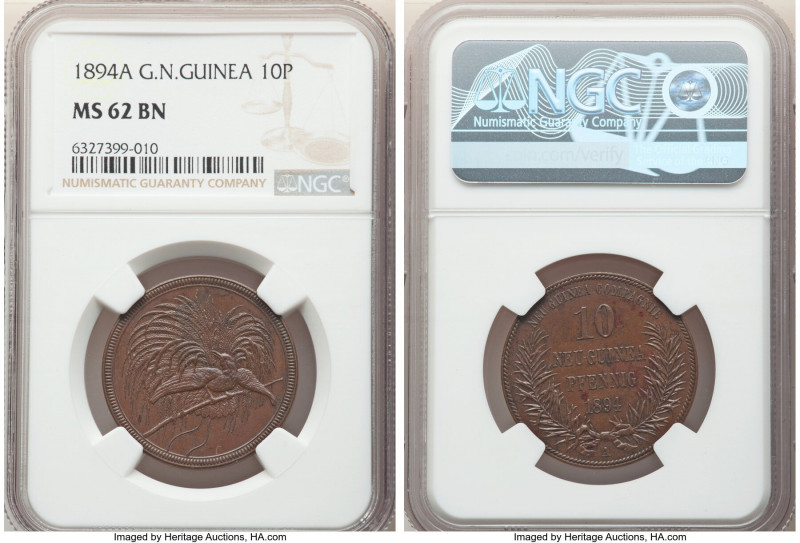 German Colony. Wilhelm II 10 Pfennig 1894-A MS62 Brown NGC, Berlin mint, KM3. A ...