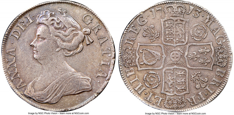 Anne 1/2 Crown 1713 XF40 NGC, KM525.4. Plumes and roses in angles. Lilac-gray an...