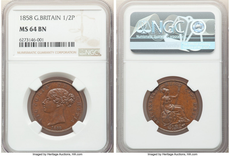 Victoria 1/2 Penny 1858 MS64 Brown NGC, KM726, S-3949. Glossy cognac and milk ch...