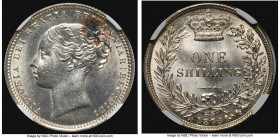 Victoria Shilling 1873 MS63 NGC, KM734.2, S-3906A. Fresh lustrous surfaces with a chiseled strike, a fine die break that runs from her eyebrow down he...