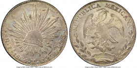 Republic 8 Reales 1864 Zs-MO MS62 NGC, Zacatecas mint, KM377.13, DP-Zs49. Faint cranberry colored accent over amber and gray patina. Ex. Foxlair Colle...