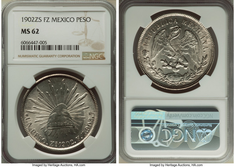 Republic Peso 1902 Zs-FZ MS62 NGC, Zacatecas mint, KM409.3. Untoned silken surfa...