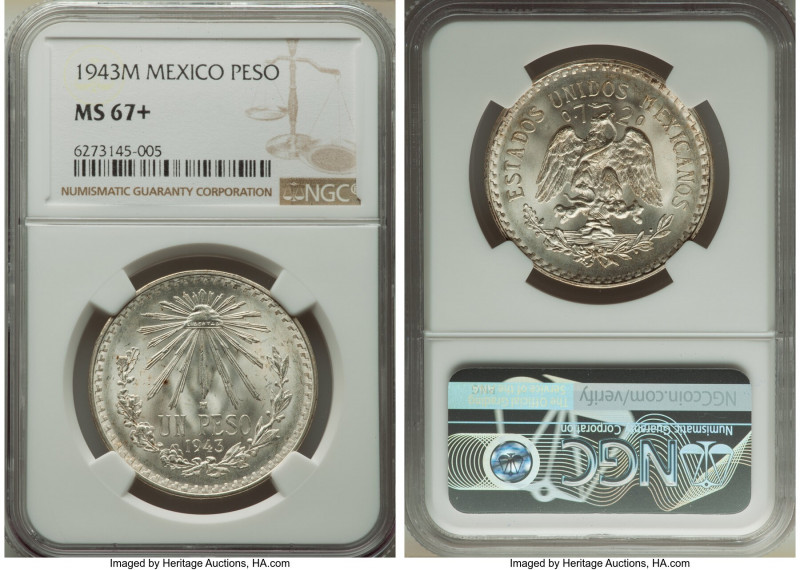 Estados Unidos Peso 1943-M MS67+ NGC, Mexico City mint, KM455. Satin white unton...