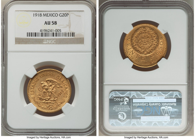 Estados Unidos gold 20 Pesos 1918 AU58 NGC, Mexico City mint, KM478. AGW 0.4822 ...