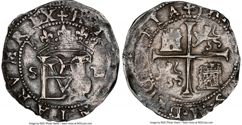 Philip II Cob 1/2 Real ND (before 1588)-D XF Details (Cleaned) NGC, Seville mint...