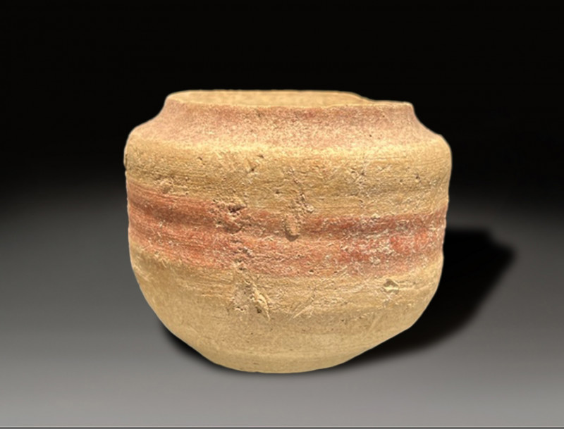 ceramic pixys jar, painted in red bands, greek period circa 500 - 300 BC
Height...
