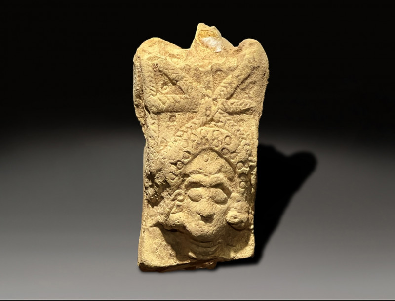 upper part of a female figueine wearing a large headdress, mesopotamian middle b...