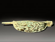 Bronze roman fibula decorated roman period circa 100 – 300 AD
Height: 7.7 cm
