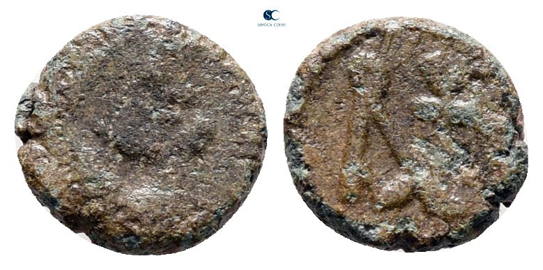 Anastasius I AD 491-518. Uncertain mint
Nummus Æ

8 mm, 0,53 g



fine