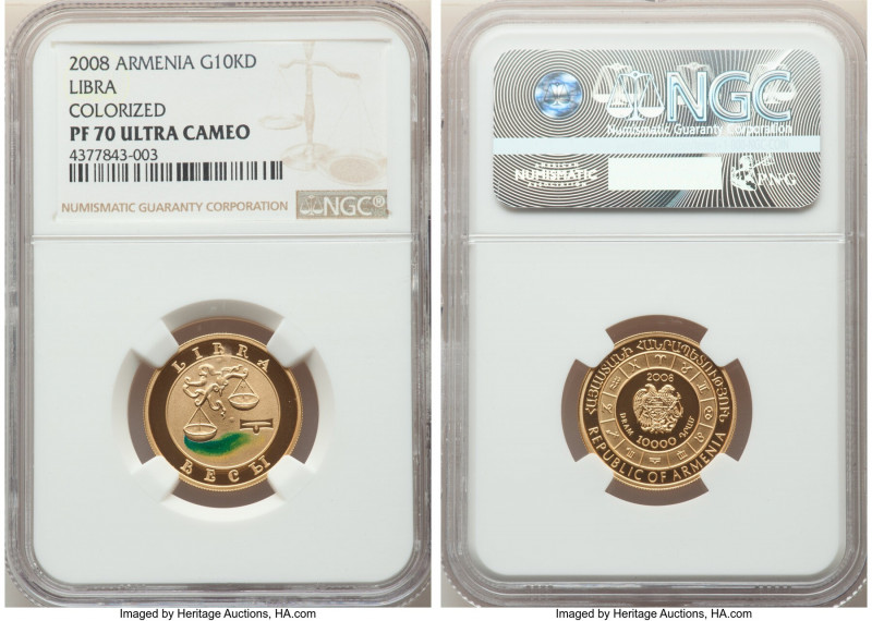 Republic gold Colorized Proof "Libra" 10000 Dram 2008 PR70 Ultra Cameo NGC, KM16...