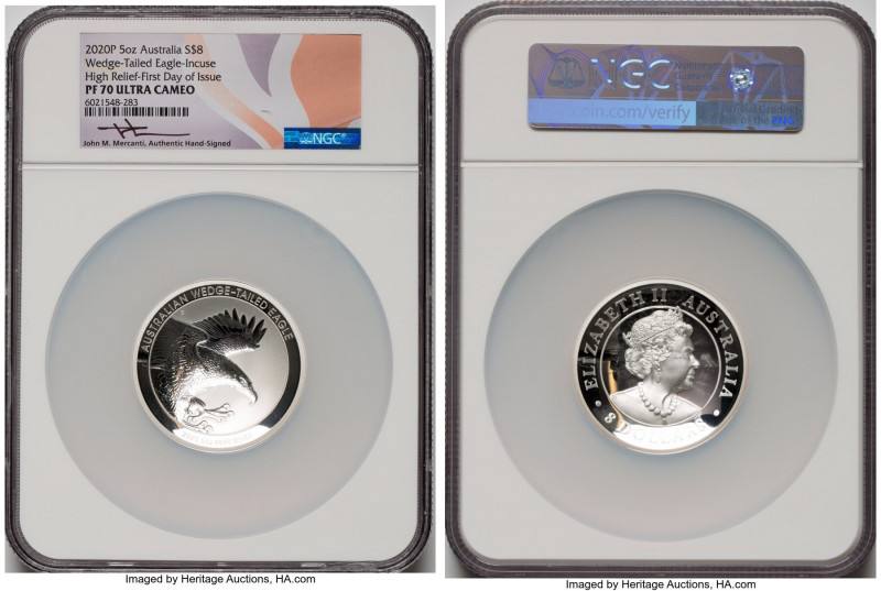 Elizabeth II silver Proof "Wedge-Tailed Eagle - Incuse" 8 Dollars (5 oz) 2020-P ...