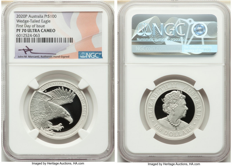 Elizabeth II platinum Proof "Wedged-Tailed Eagle" 100 Dollars (1 oz) 2020-P PR70...