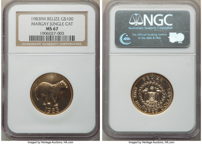 Elizabeth II gold "Margay Jungle Cat" 100 Dollars 1983-FM MS67 NGC, Franklin min...