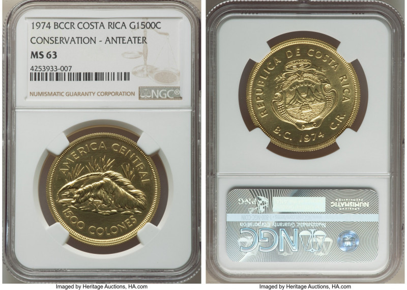 Republic gold "Anteater" 1500 Colones 1974 MS63 NGC, KM202, Fr-28. Mintage: 2,41...