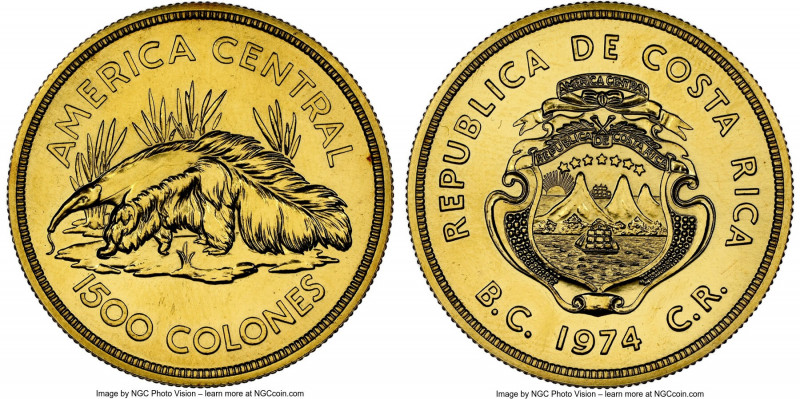 Republic gold "Anteater" 1500 Colones 1974-BCCR UNC Details (Cleaned) NGC, Briti...
