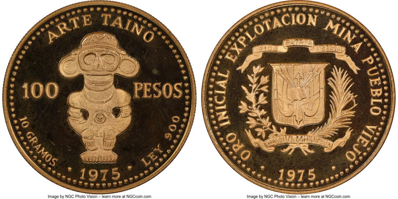Republic gold Proof "Taino Art" 100 Pesos 1975 PR68 Ultra Cameo NGC, KM39, Fr-3....