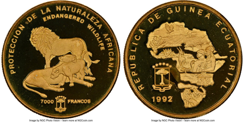 Republic gold Proof Piefort "Lions" 7000 Francos 1992 PR69 Ultra Cameo NGC, cf. ...